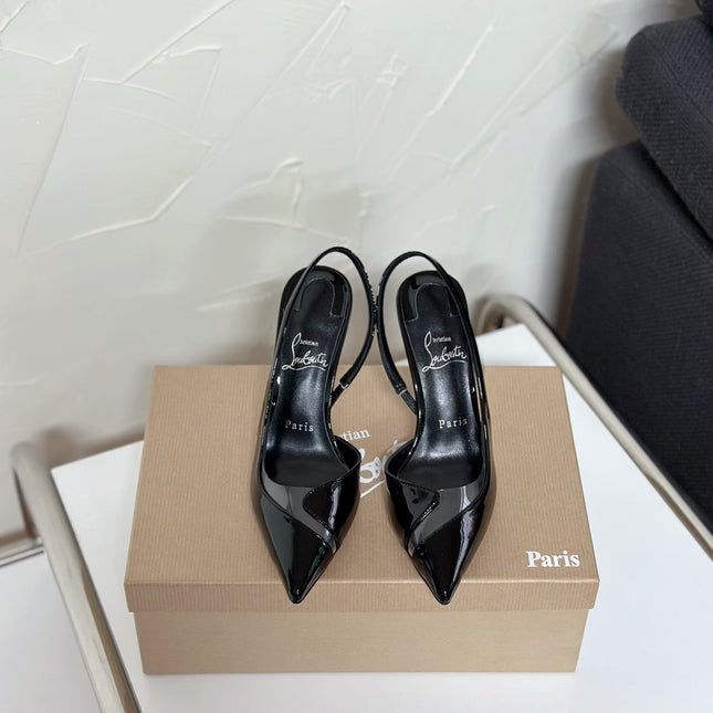 TRANSPARENT PANEL SLING BACK PUMPS IN BLACK PATENT CALFSKIN
