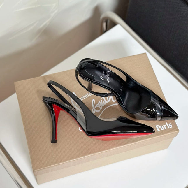 TRANSPARENT PANEL SLING BACK PUMPS IN BLACK PATENT CALFSKIN