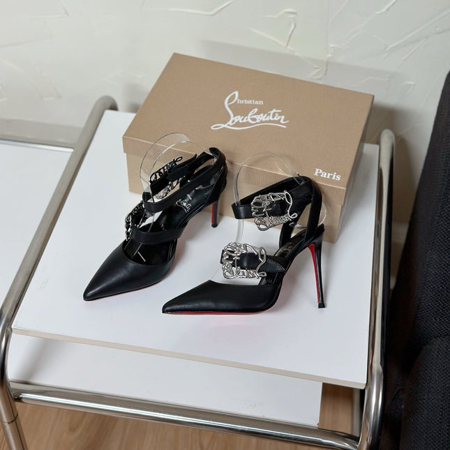 GIDDYLINA LARGE METAL BUCKLES STRAP PUMPS IN BLACK CALFSKIN