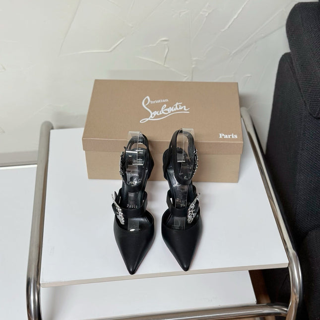 GIDDYLINA LARGE METAL BUCKLES STRAP PUMPS IN BLACK CALFSKIN