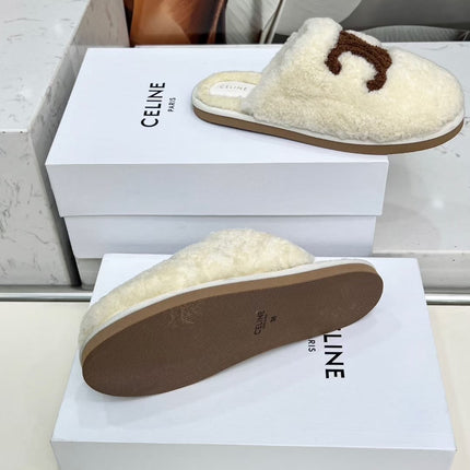 CELINE 25S GEORGIA SLIDE IN SHEARLING IN IVORY