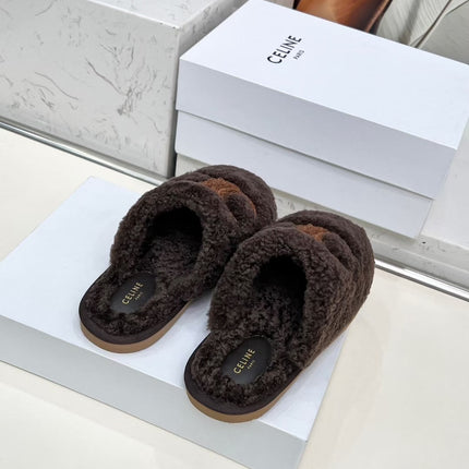 CELINE 25S GEORGIA SLIDE IN SHEARLING IN DARK BROWN