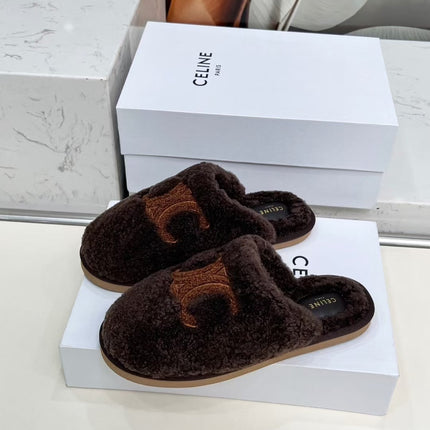 CELINE 25S GEORGIA SLIDE IN SHEARLING IN DARK BROWN