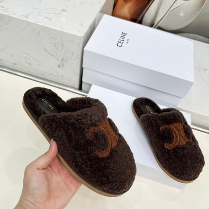 CELINE 25S GEORGIA SLIDE IN SHEARLING IN DARK BROWN