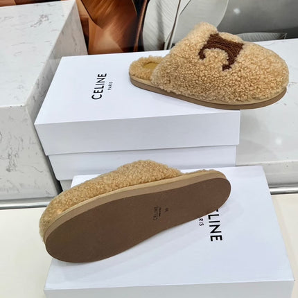 CELINE 25S GEORGIA SLIDE IN SHEARLING IN BROWN