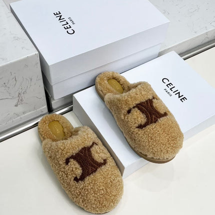 CELINE 25S GEORGIA SLIDE IN SHEARLING IN BROWN