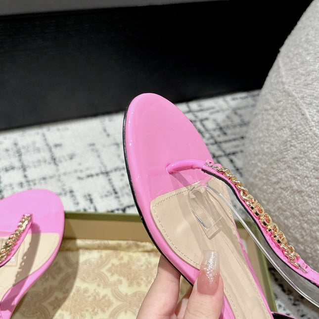 THONG SANDAL IN FUSCIA PINK CALFSKIN WITH GOLD HARDWARE