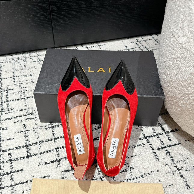 ALAIA PUMP 1 CM IN CHERRY RED SUEDE MIX BLACK CALFSKIN