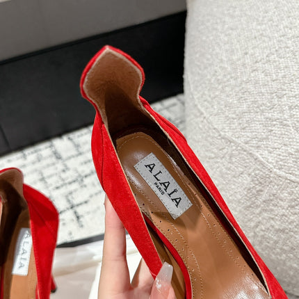 ALAIA HIGH PUMPS 10CM IN CHERRY RED SUEDE MIX BLACK CALFSKIN