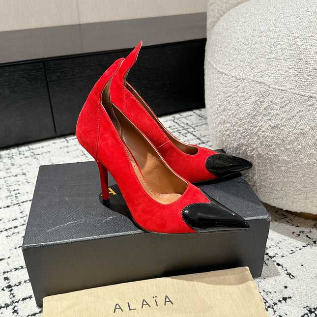 ALAIA HIGH PUMPS 10CM IN CHERRY RED SUEDE MIX BLACK CALFSKIN