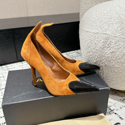 ALAIA HIGH PUMPS 10CM IN COPPER BROWN SUEDE MIX BLACK CALFSKIN