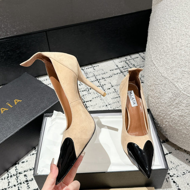 ALAIA HIGH PUMPS 10CM IN BEIGE SUEDE MIX BLACK CALFSKIN