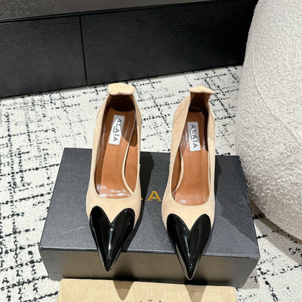ALAIA HIGH PUMPS 10CM IN BEIGE SUEDE MIX BLACK CALFSKIN
