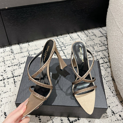 HIGH CRYSTAL STRAP SANDALS IN BOUTIQUE BEIGE SILK