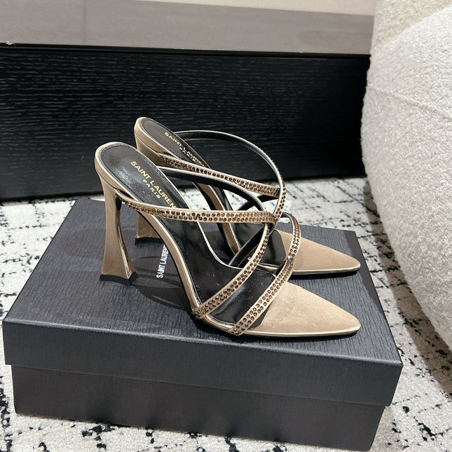 HIGH CRYSTAL STRAP SANDALS IN BOUTIQUE BEIGE SILK