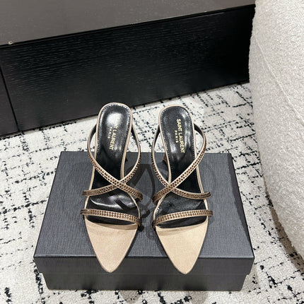 HIGH CRYSTAL STRAP SANDALS IN BOUTIQUE BEIGE SILK