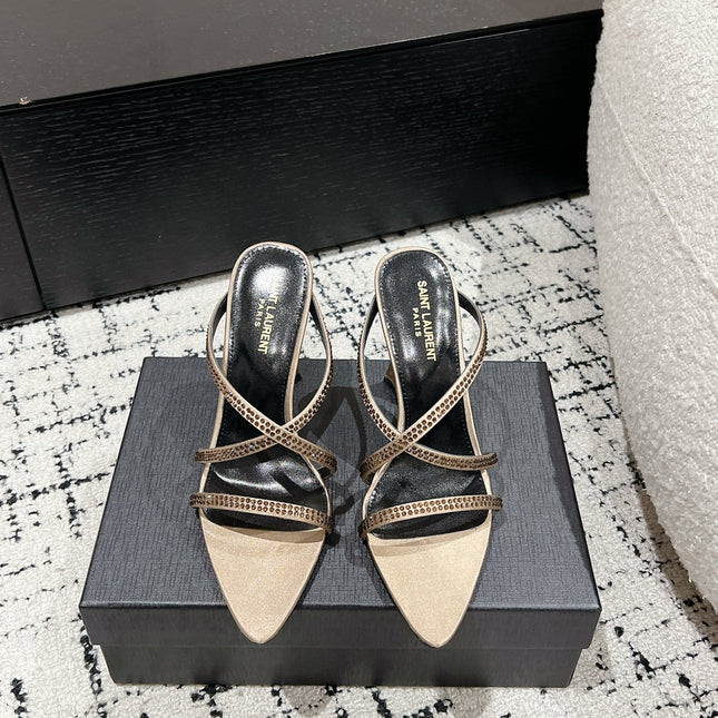 HIGH CRYSTAL STRAP SANDALS IN BOUTIQUE BEIGE SILK
