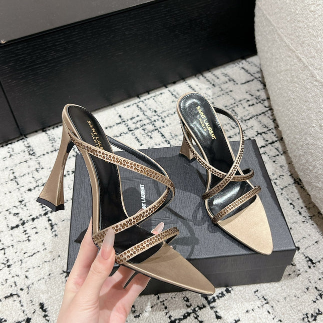 HIGH CRYSTAL STRAP SANDALS IN BOUTIQUE BEIGE SILK