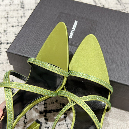 HIGH CRYSTAL STRAP SANDALS IN PEAR GREEN SILK