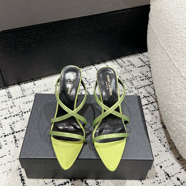 HIGH CRYSTAL STRAP SANDALS IN PEAR GREEN SILK