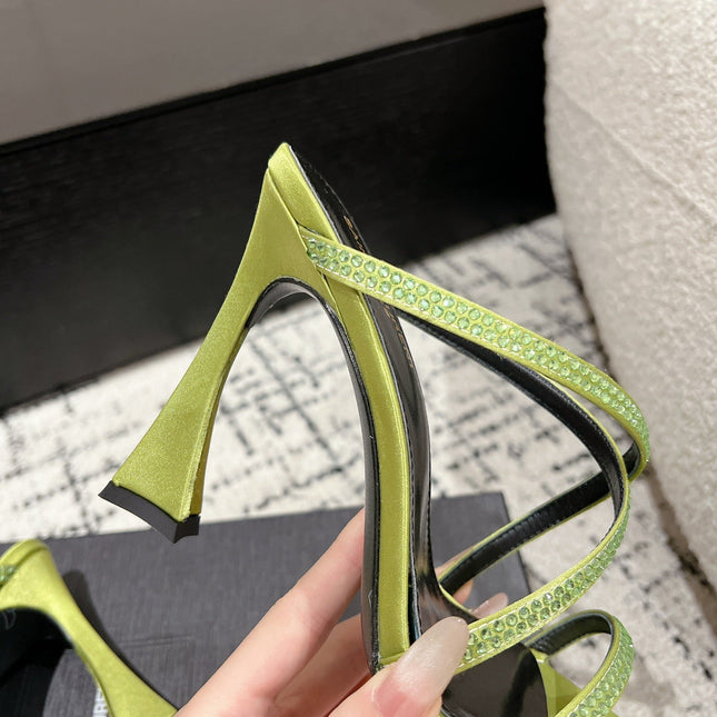 HIGH CRYSTAL STRAP SANDALS IN PEAR GREEN SILK