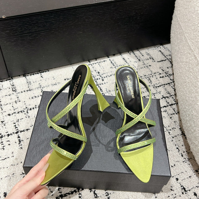 HIGH CRYSTAL STRAP SANDALS IN PEAR GREEN SILK