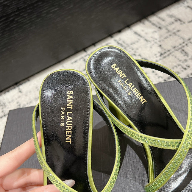 HIGH CRYSTAL STRAP SANDALS IN PEAR GREEN SILK