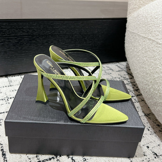 HIGH CRYSTAL STRAP SANDALS IN PEAR GREEN SILK