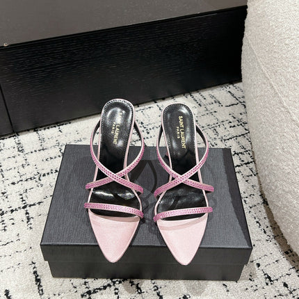 HIGH CRYSTAL STRAP SANDALS IN LIGHT PINK SILK
