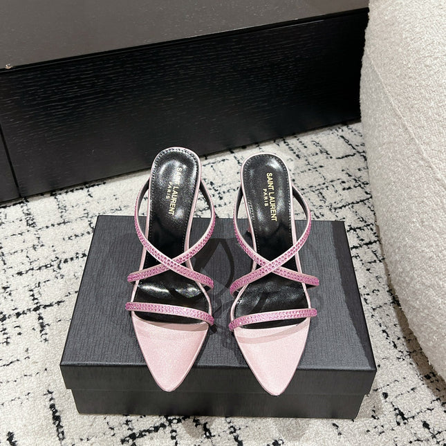 HIGH CRYSTAL STRAP SANDALS IN LIGHT PINK SILK