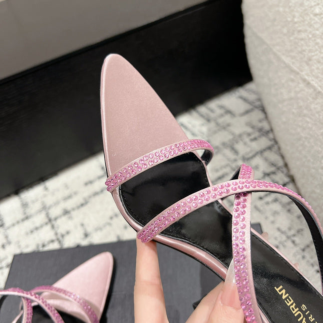 HIGH CRYSTAL STRAP SANDALS IN LIGHT PINK SILK