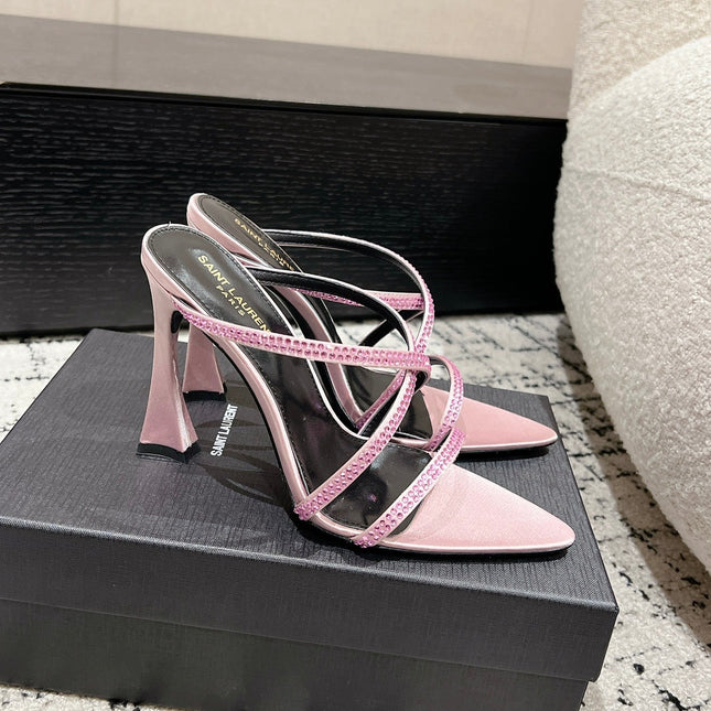 HIGH CRYSTAL STRAP SANDALS IN LIGHT PINK SILK