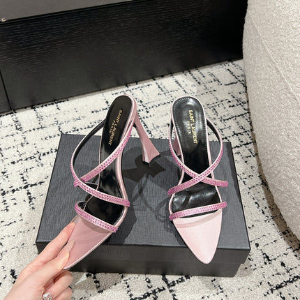 HIGH CRYSTAL STRAP SANDALS IN LIGHT PINK SILK