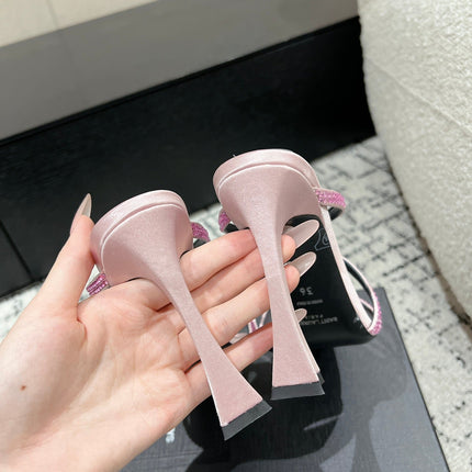 HIGH CRYSTAL STRAP SANDALS IN LIGHT PINK SILK