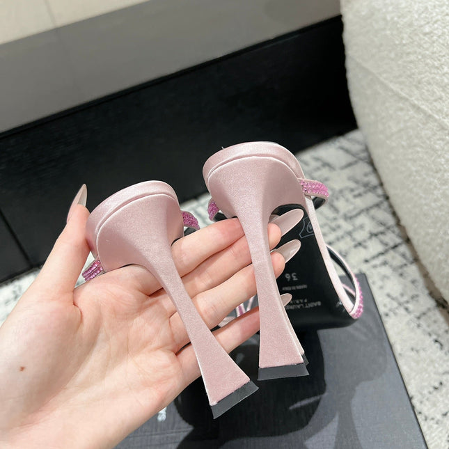 HIGH CRYSTAL STRAP SANDALS IN LIGHT PINK SILK