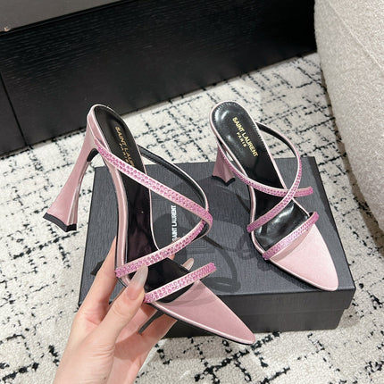 HIGH CRYSTAL STRAP SANDALS IN LIGHT PINK SILK