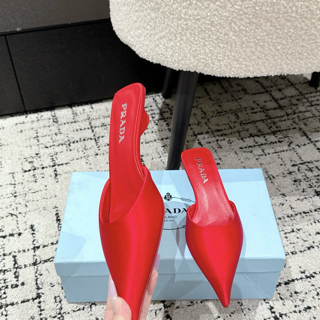 PRADA 25S POINTED-TOE MULES IN CRIMSON RED SATIN
