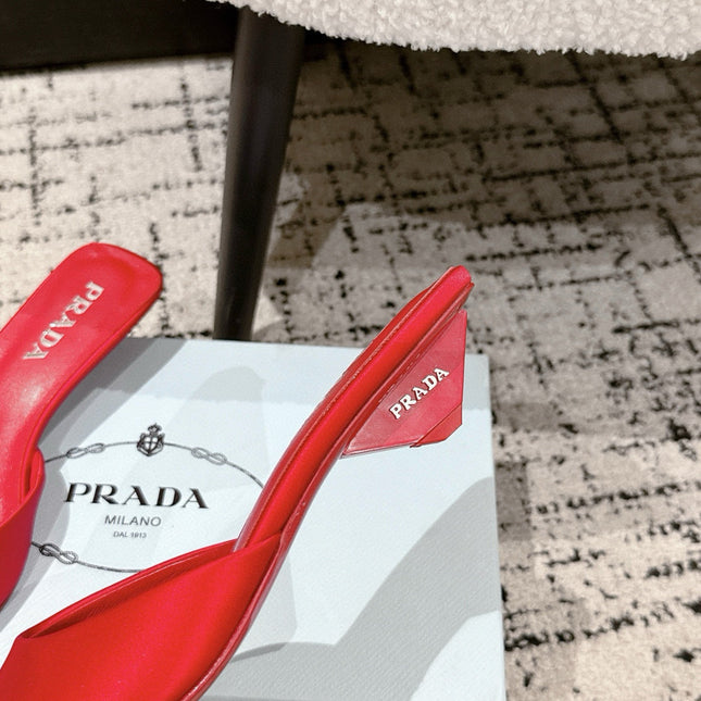 PRADA 25S POINTED-TOE MULES IN CRIMSON RED SATIN