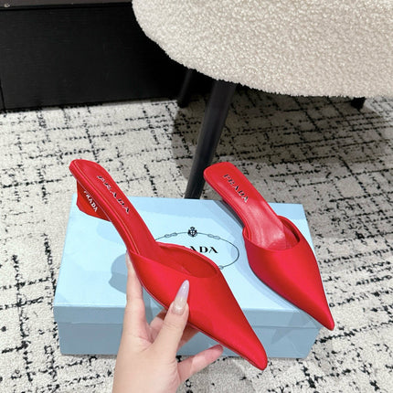 PRADA 25S POINTED-TOE MULES IN CRIMSON RED SATIN