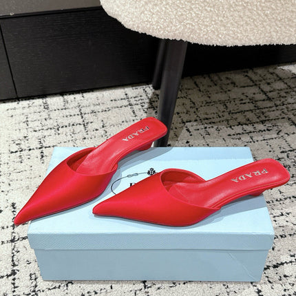 PRADA 25S POINTED-TOE MULES IN CRIMSON RED SATIN
