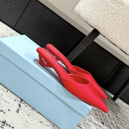PRADA 25S POINTED-TOE MULES IN CRIMSON RED SATIN