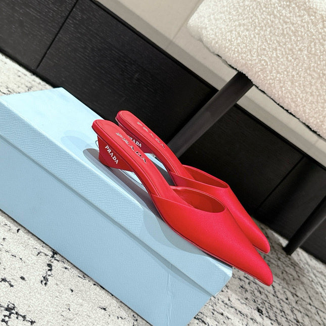 PRADA 25S POINTED-TOE MULES IN CRIMSON RED SATIN