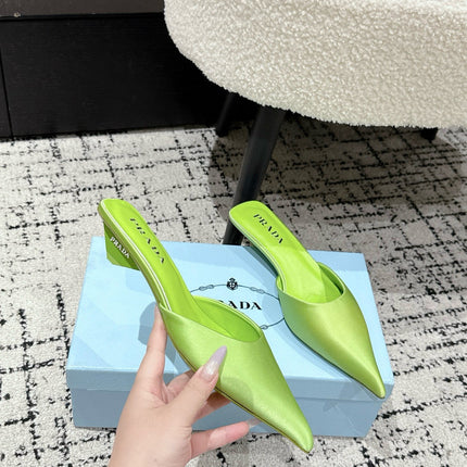 PRADA 25S POINTED-TOE MULES IN LIME GREEN SATIN