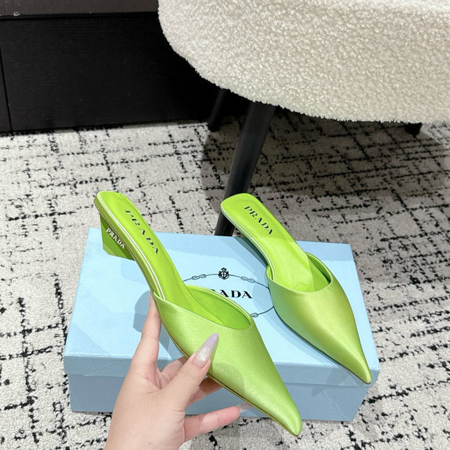 PRADA 25S POINTED-TOE MULES IN LIME GREEN SATIN