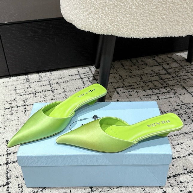 PRADA 25S POINTED-TOE MULES IN LIME GREEN SATIN