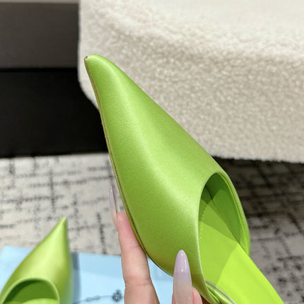 PRADA 25S POINTED-TOE MULES IN LIME GREEN SATIN