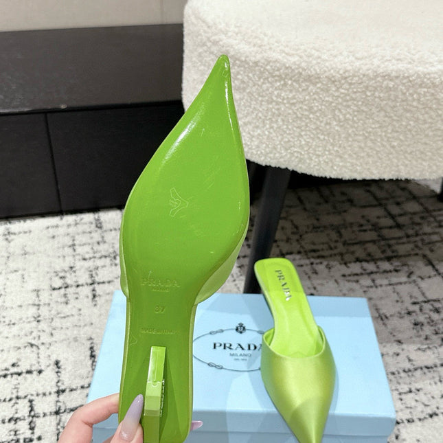 PRADA 25S POINTED-TOE MULES IN LIME GREEN SATIN