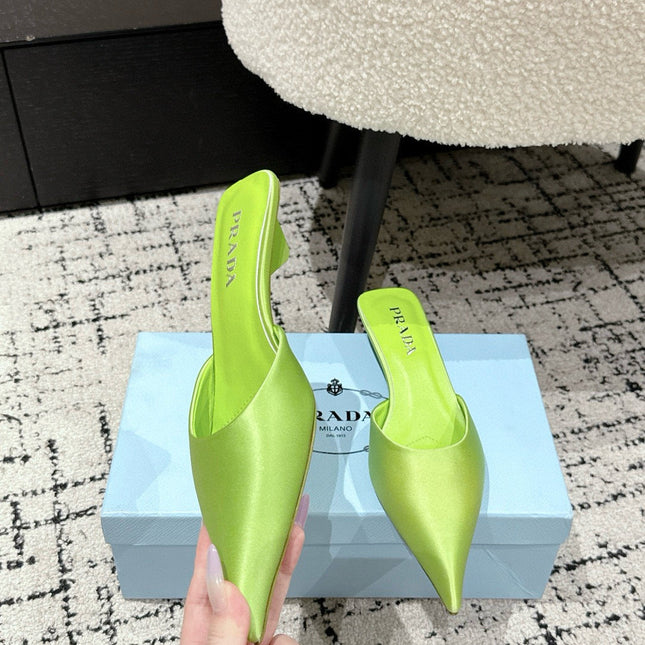 PRADA 25S POINTED-TOE MULES IN LIME GREEN SATIN