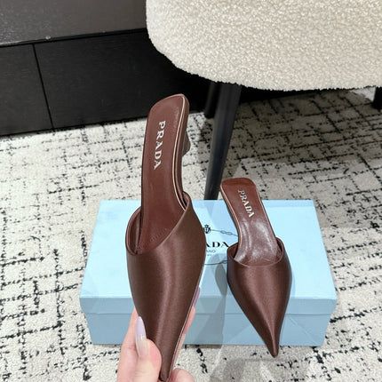 PRADA 25S POINTED-TOE MULES IN DARK BROWN SATIN