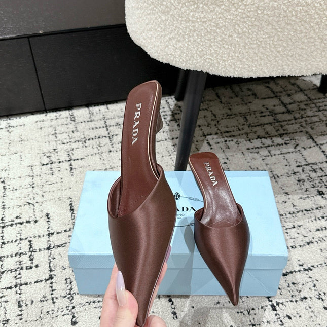 PRADA 25S POINTED-TOE MULES IN DARK BROWN SATIN